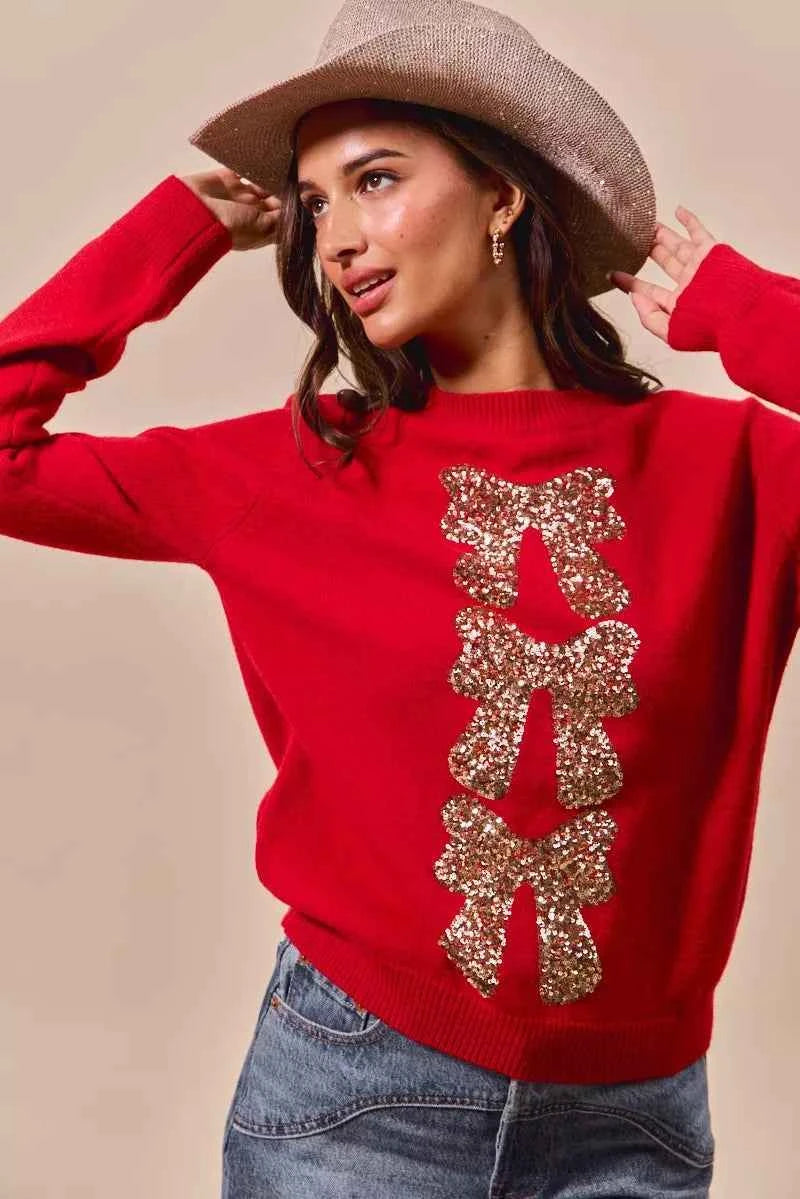 SO ME Sequins Bow Ribbon Embellished Christmas Sweater