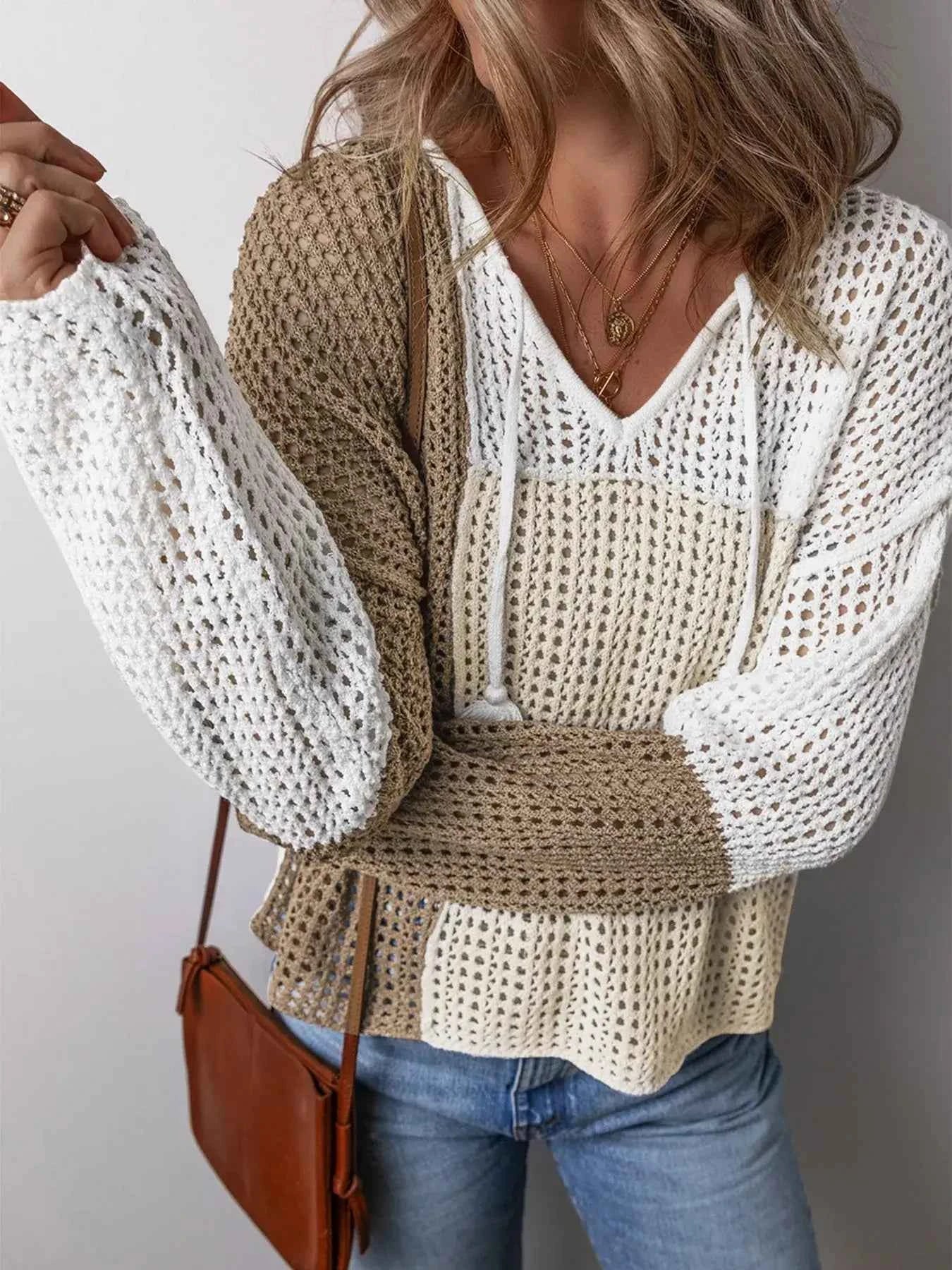 Openwork Tassel Color Block Sweater