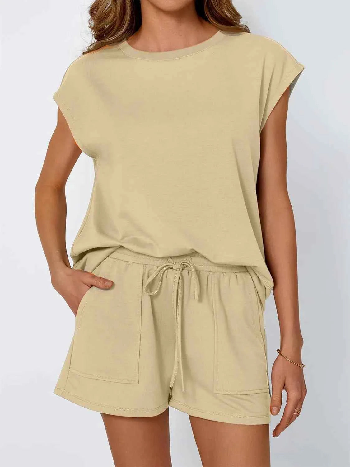 Round Neck Cap Sleeve Top and Shorts Set