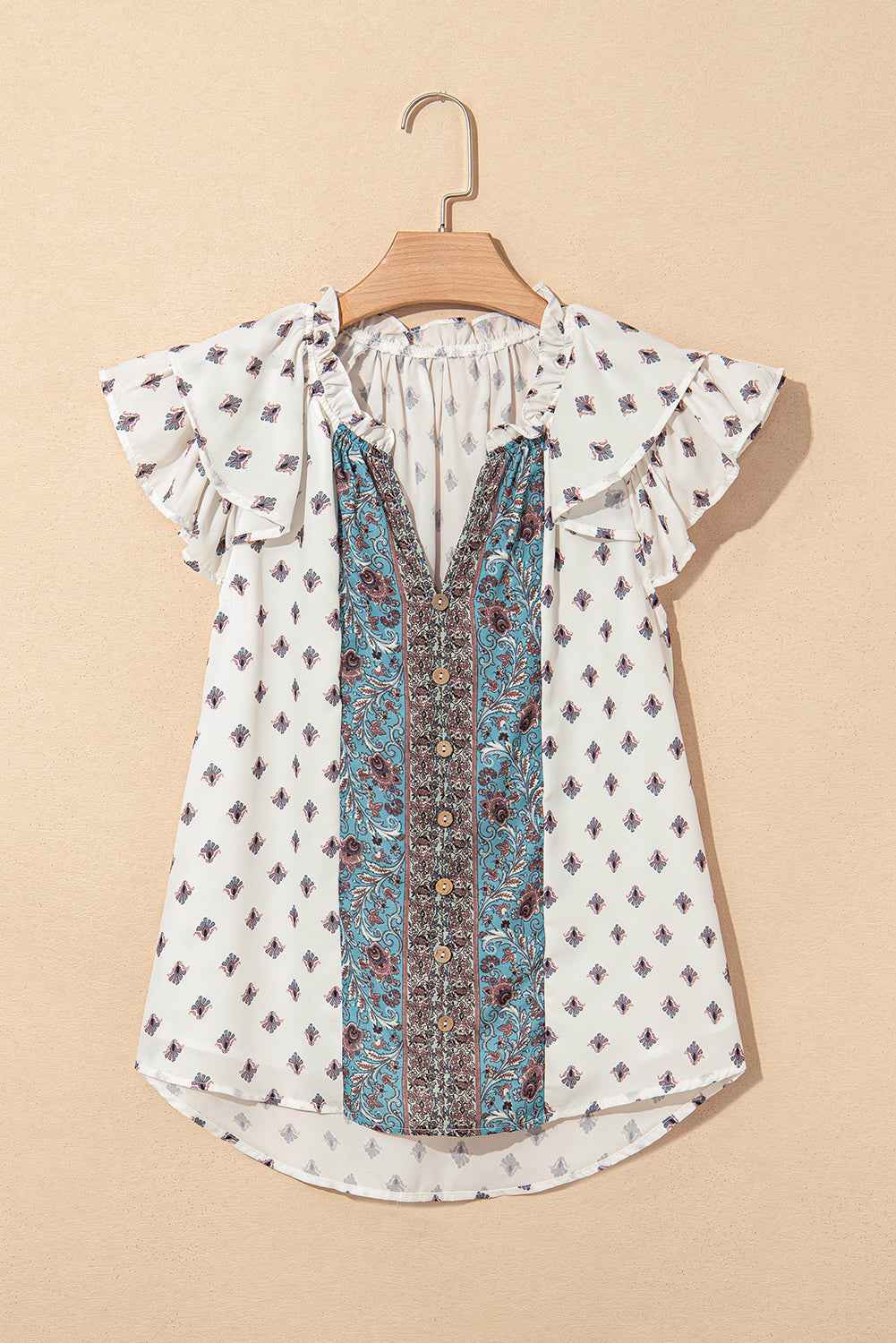 Aria Boho Pattern Ruffled Sleeve V Neck Buttoned Blouse