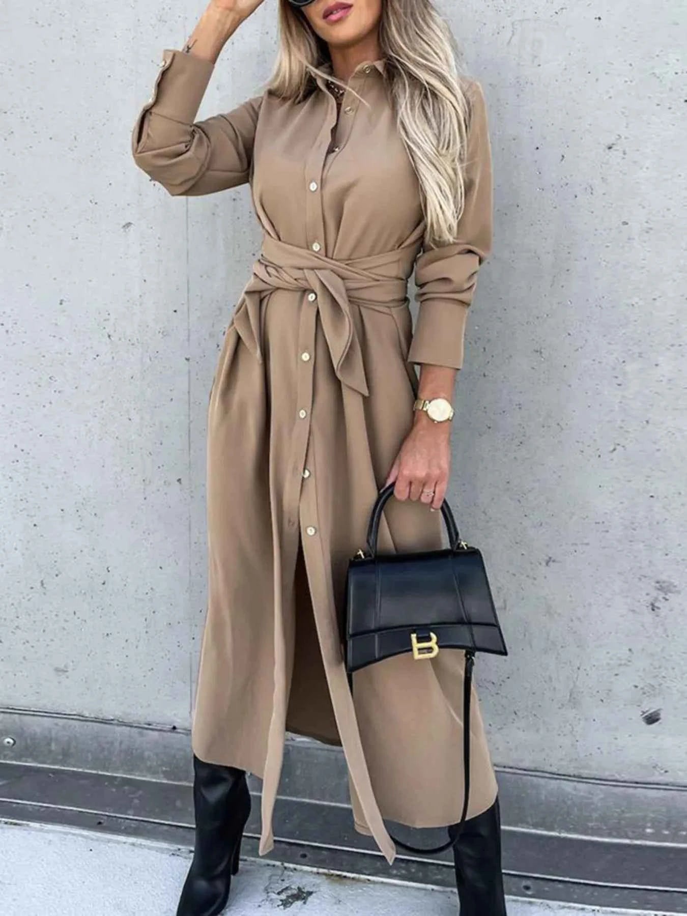 Button Front Long Sleeve Shirt Dress