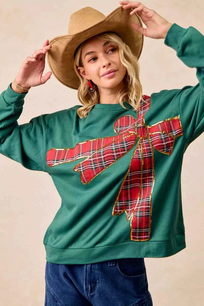 BiBi Plaid Ribbon Bow Detail Christmas Fleece Women's Sweatshirt