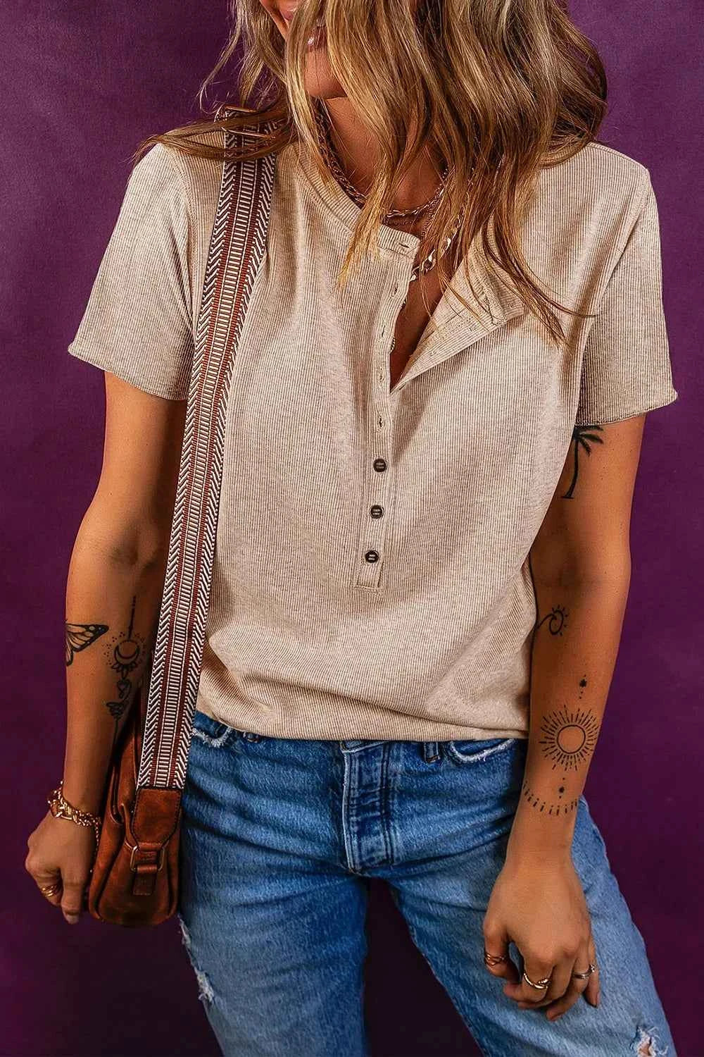 Short Sleeve Half Button Ribbed Knit Top