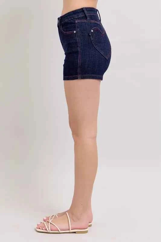 Judy Blue Full Size High Waist Heart Shaped Pkts & Red Contrast Thread Denim Shorts Plus Size