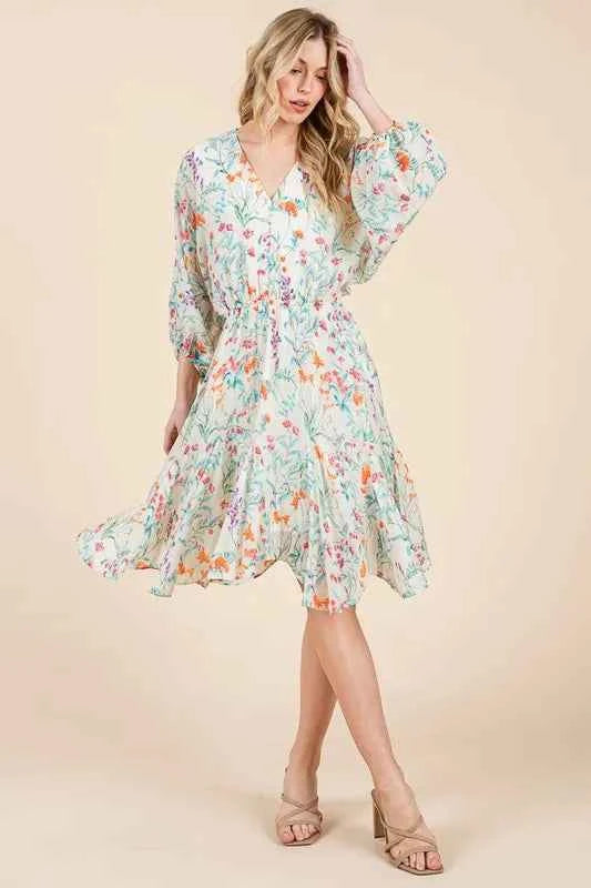 Lime 'N' Chili Floral Cinched Waist Balloon Sleeve V-Neck Dress