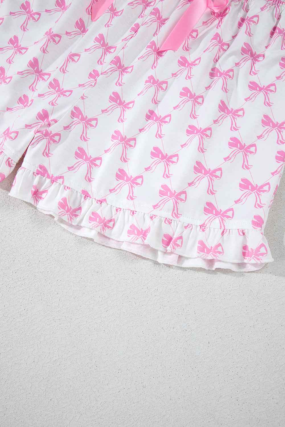 Pink Bowknot Print Shirt and Ruffle Hem Pajamas
