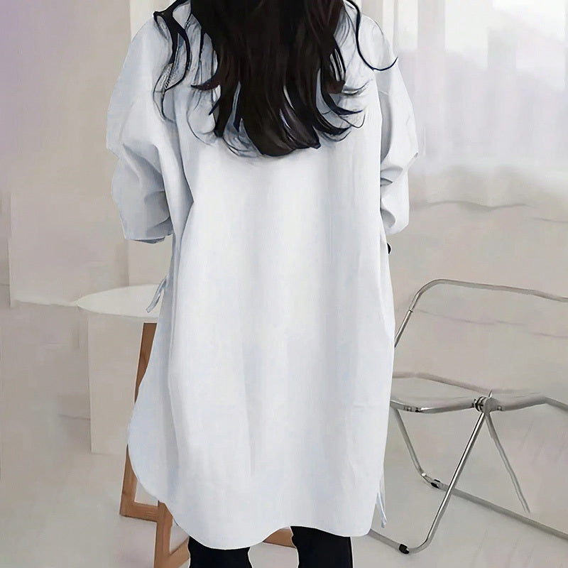 Women's Casual Loose-Fit Long Sleeve Shirt - Side Slit Tie Detail Button-Down Blouse, Solid Color Top - The Eggy's store