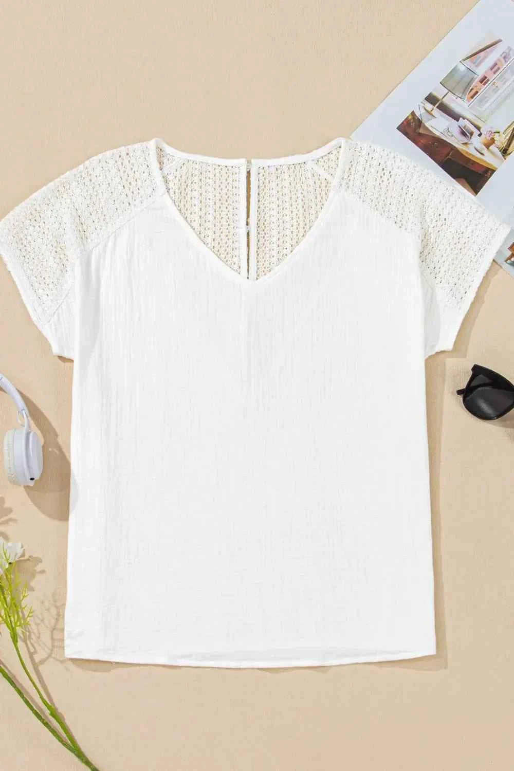 Lace Crochet Textured Button Back V Neck T Shirt