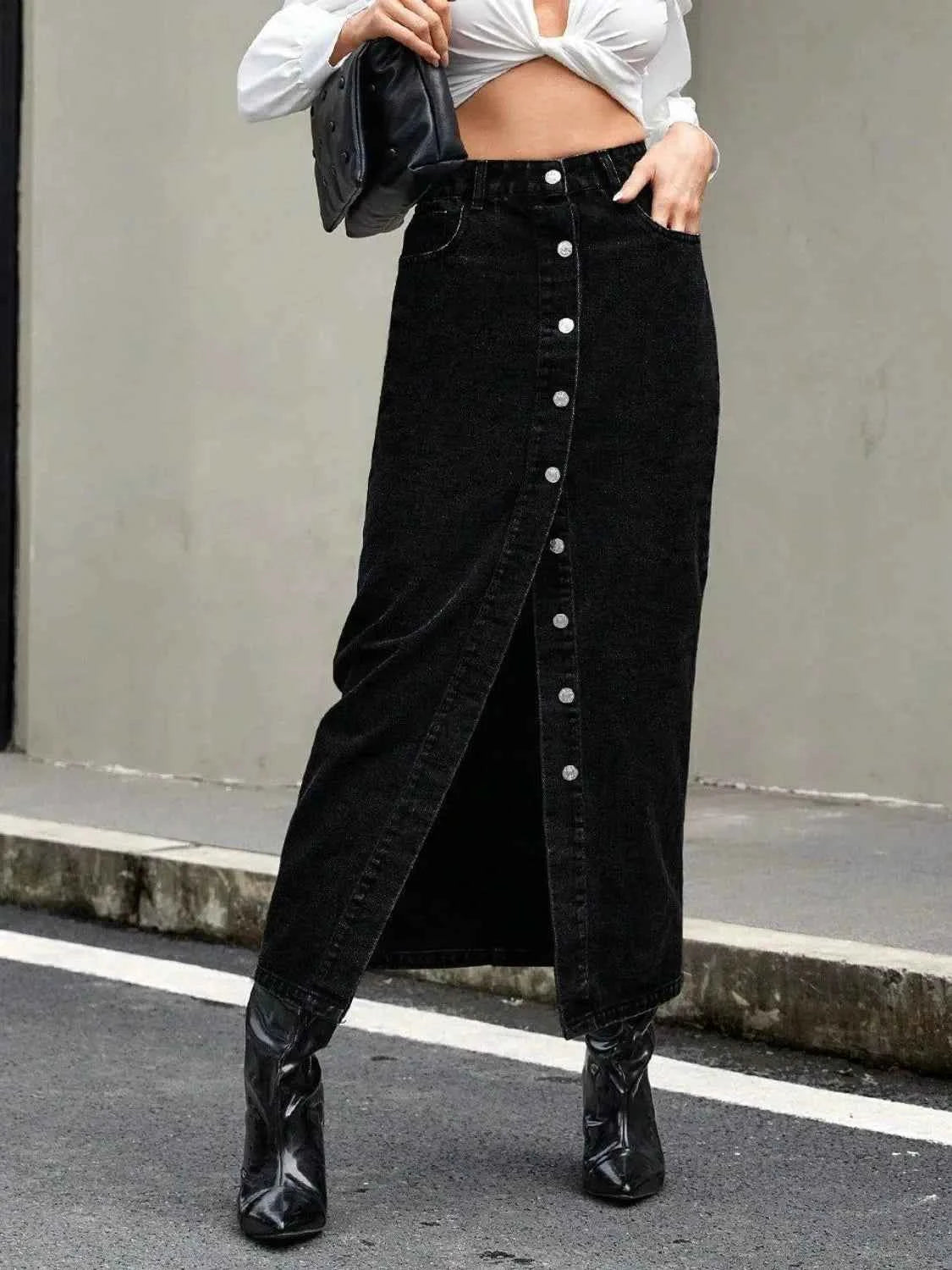 Black Button Front Denim Maxi Skirt with Slit
