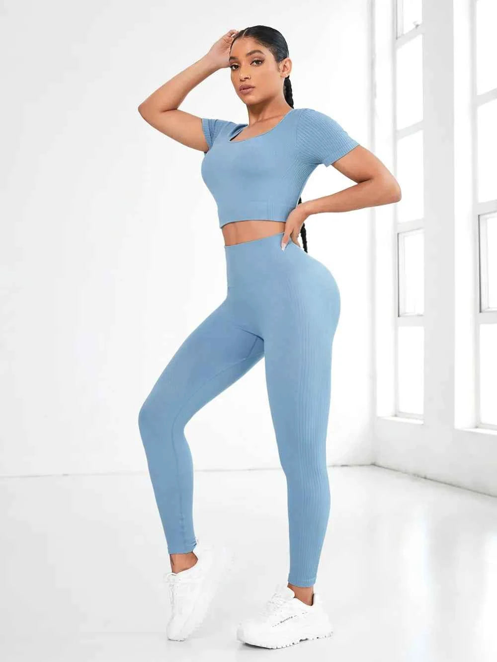 Round Neck Short Sleeve Top and Leggings Active Set