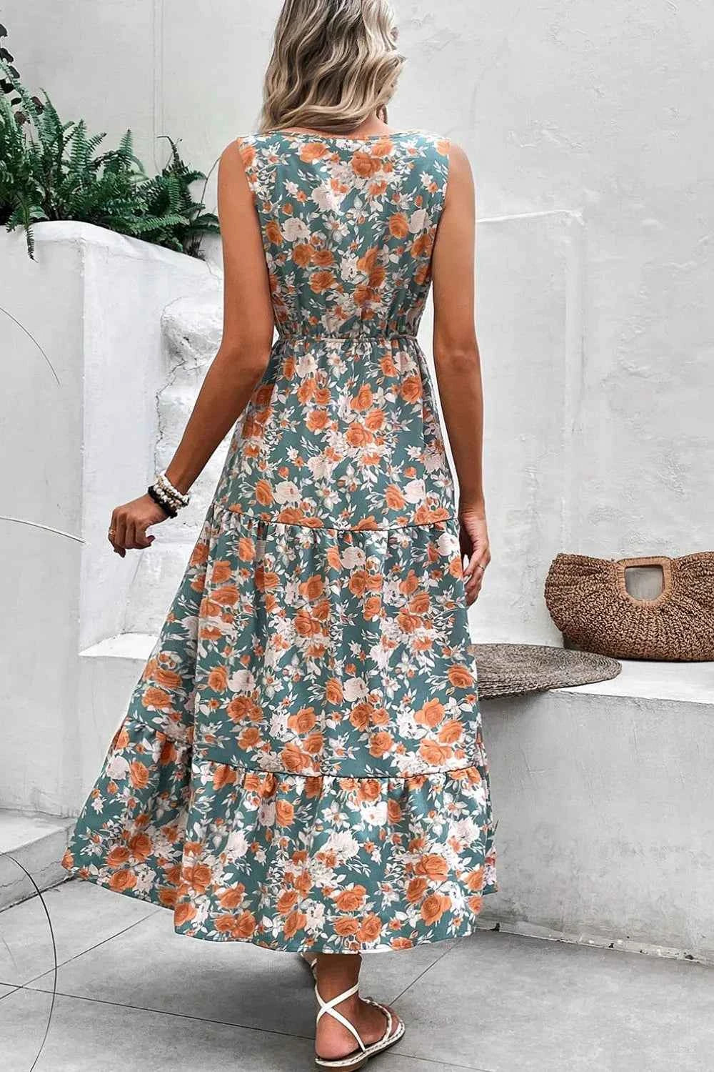 Floral Print Trimmed V Neck Tie Waist Sleeveless Dress