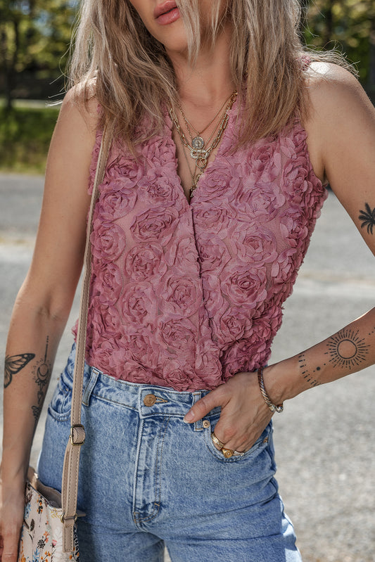 Heather Floral Textured V Neck Wrapped Sleeveless Bodysuit Women's Blouse