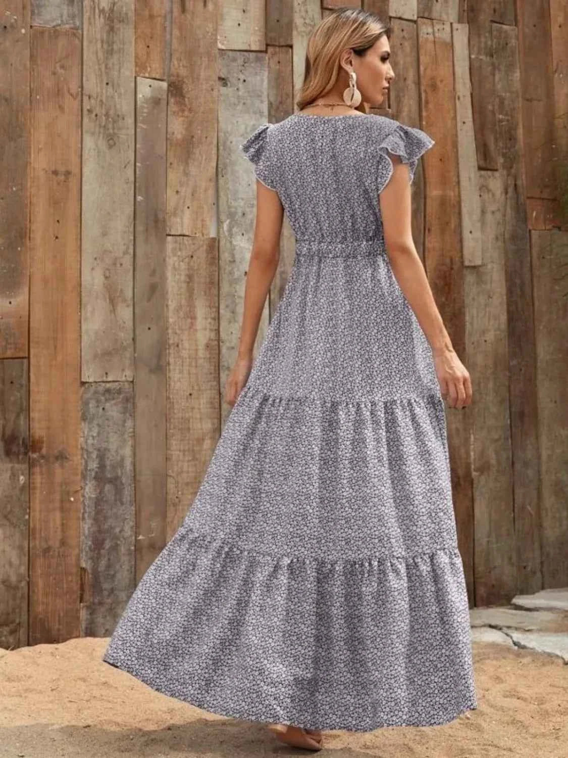 Printed V-Neck Ruffled Cap Sleeve Maxi Dress