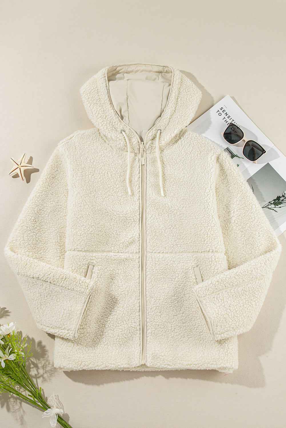 Solid Fleece Zip-Up Drawstring Pocketed Hooded Jacket