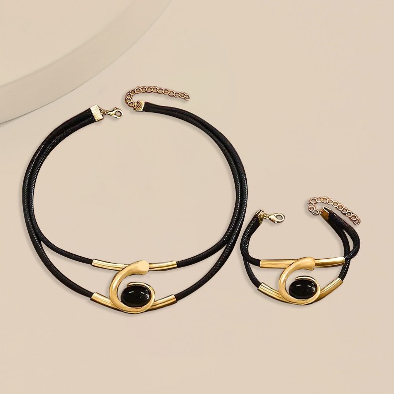 Modern Elegance Black and Silver Leather Choker Set and Bracelet Combo - The Eggy's store