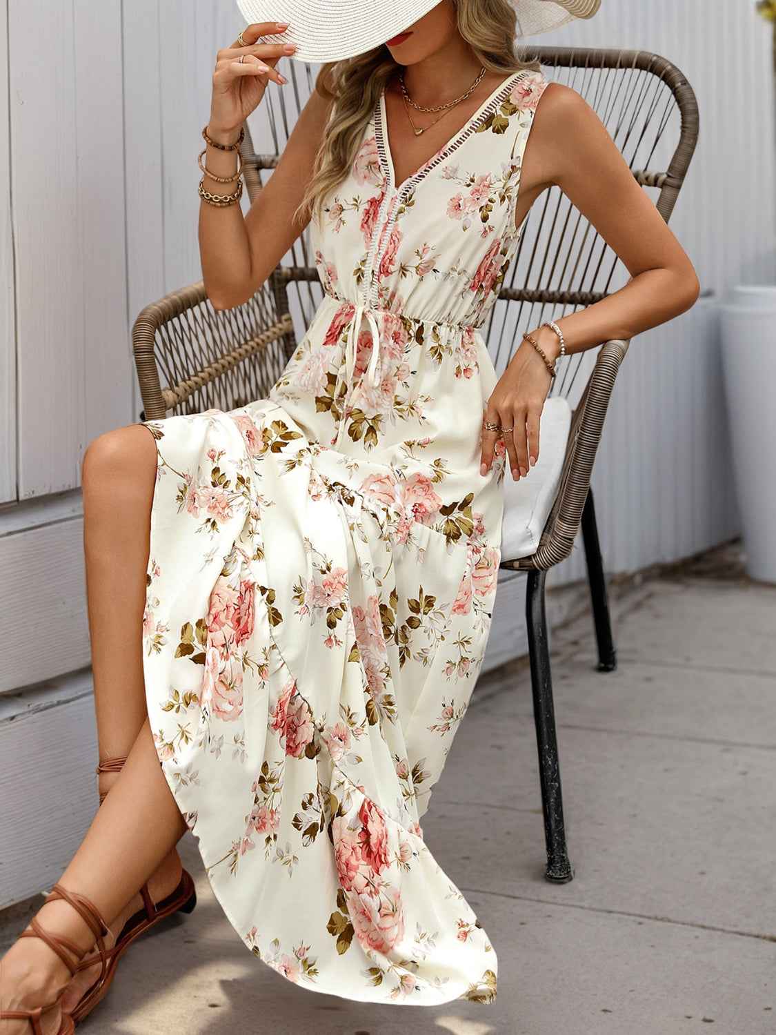 Printed Ruffled Hem V-Neck Sleeveless Dress
