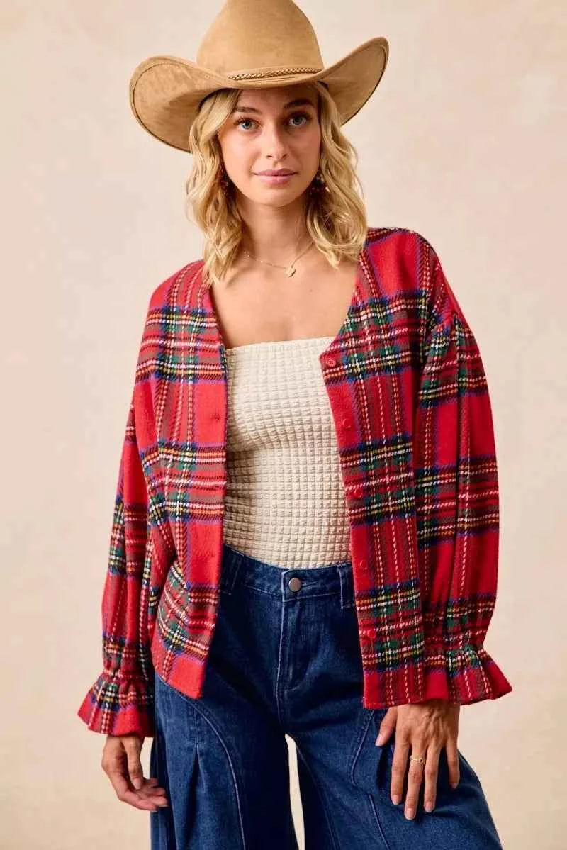 BiBi Christmas Plaid V-Neck Flounce Sleeve Jacket