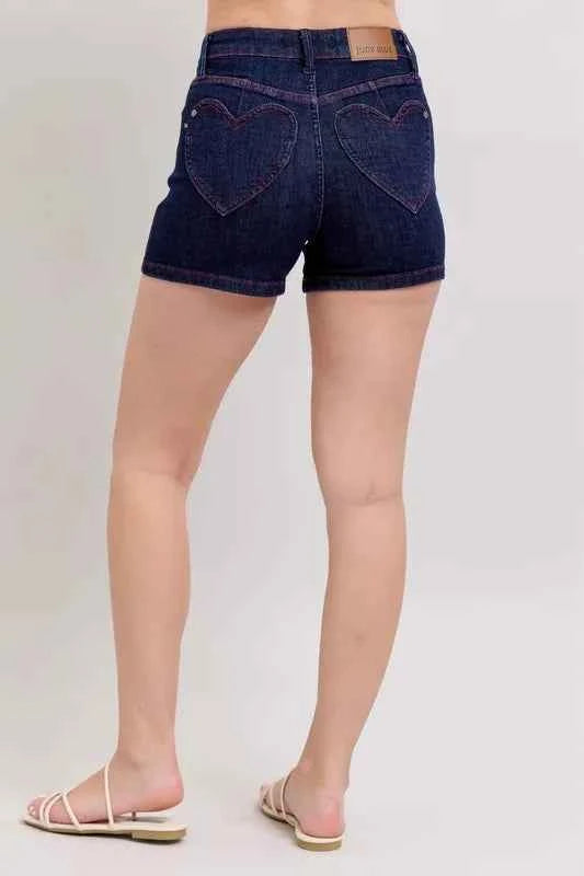 Judy Blue Full Size High Waist Heart Shaped Pkts & Red Contrast Thread Denim Shorts Plus Size