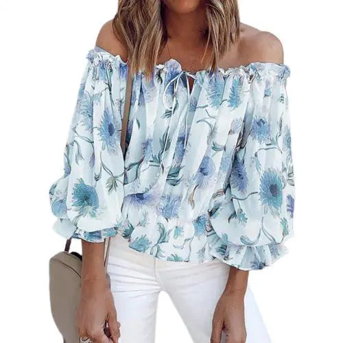 Women's Off-Shoulder Chiffon Print Long Sleeve Women's Top
