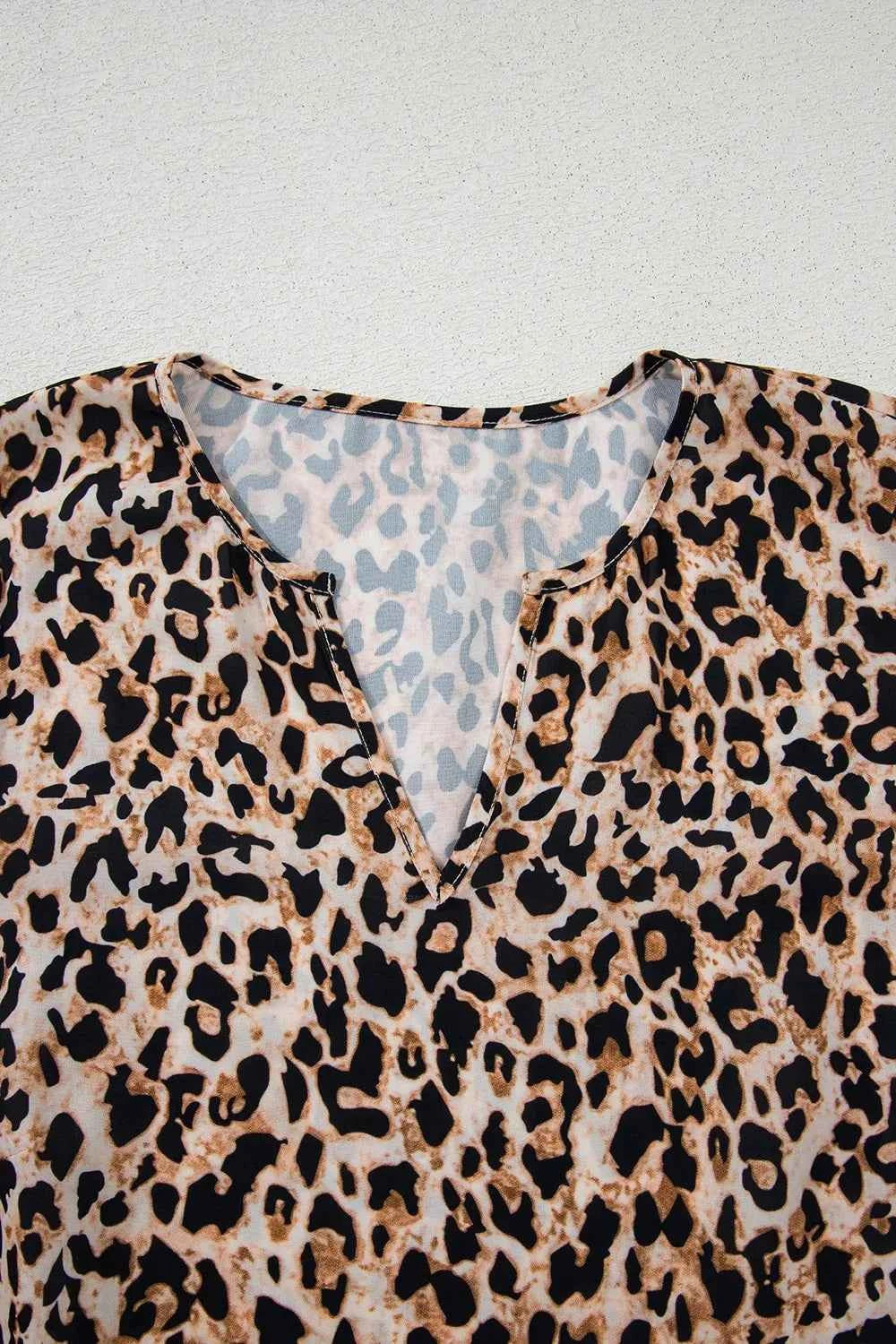 Leopard Notched Half Sleeve Blouse