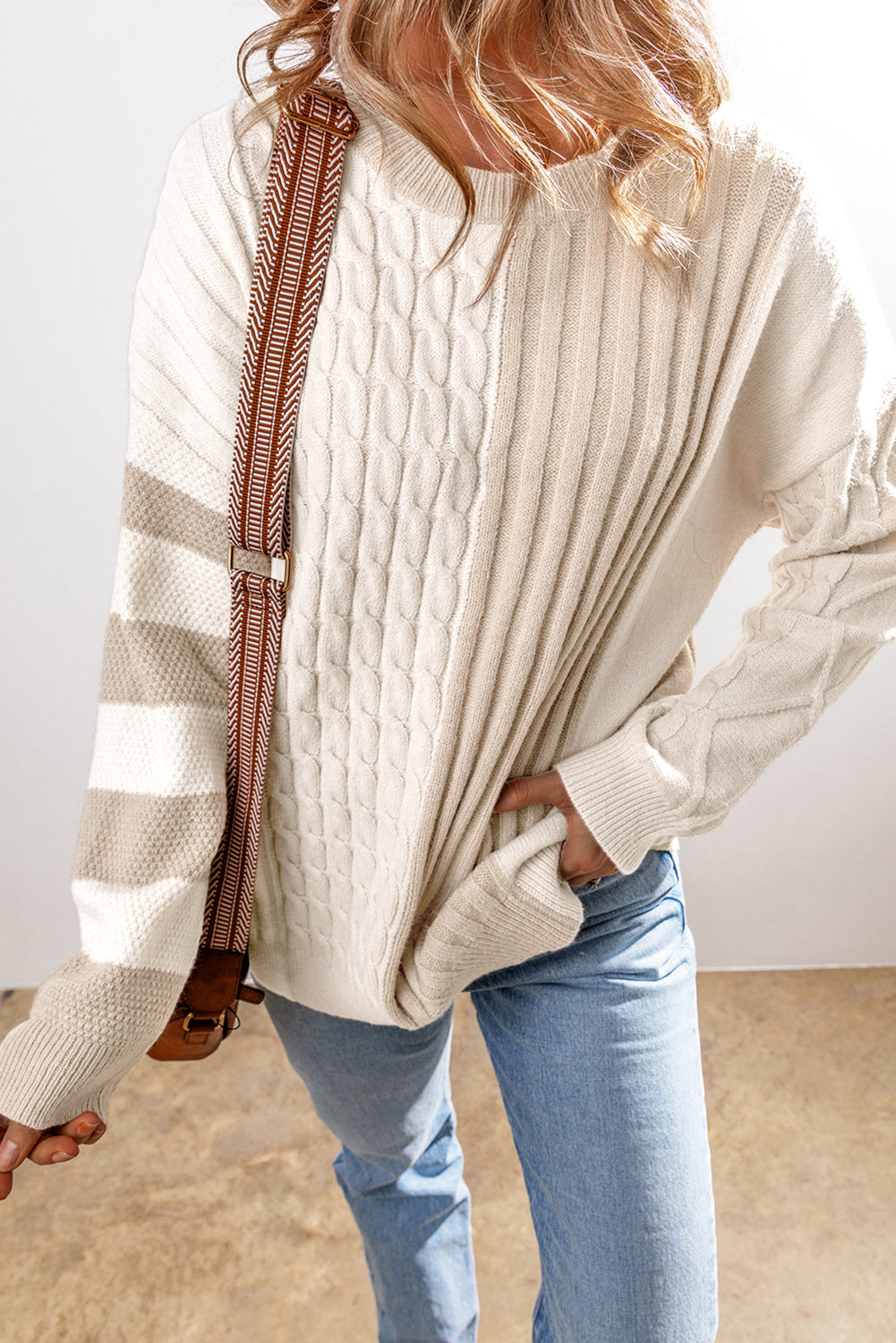 Khaki Cable Knit Colorblock Crew Neck Drop Shoulder Sweater - The Eggy's store