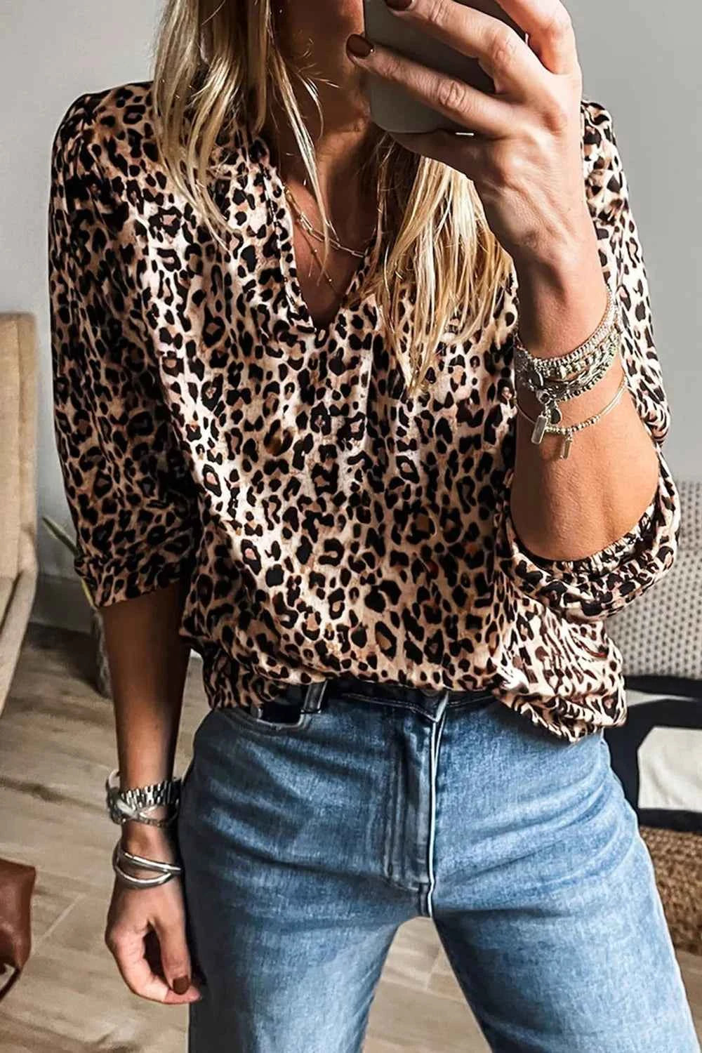 Leopard Notched Half Sleeve Blouse