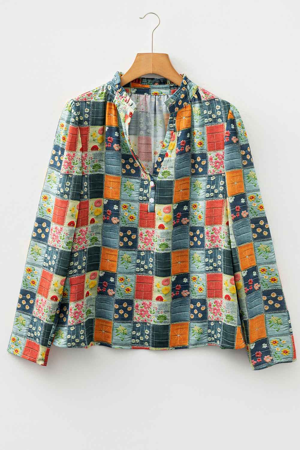 Floral Half Placket Collared V-Neck Blouse