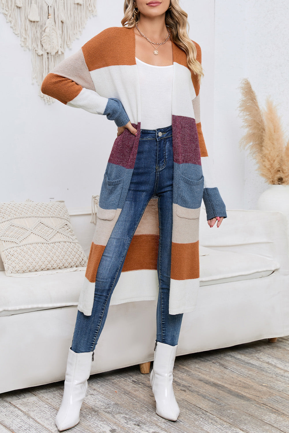 Multicolor Knitted Color Block Open Front Long Cardigan - The Eggy's store