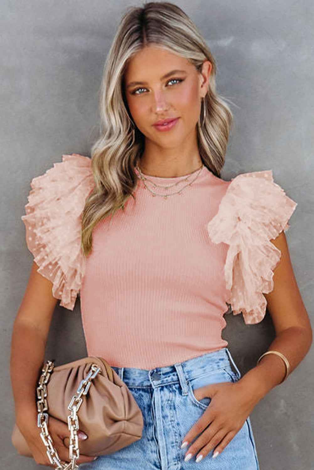Pink Casual Dotty Layered Ruffle Ribbed Knit Top