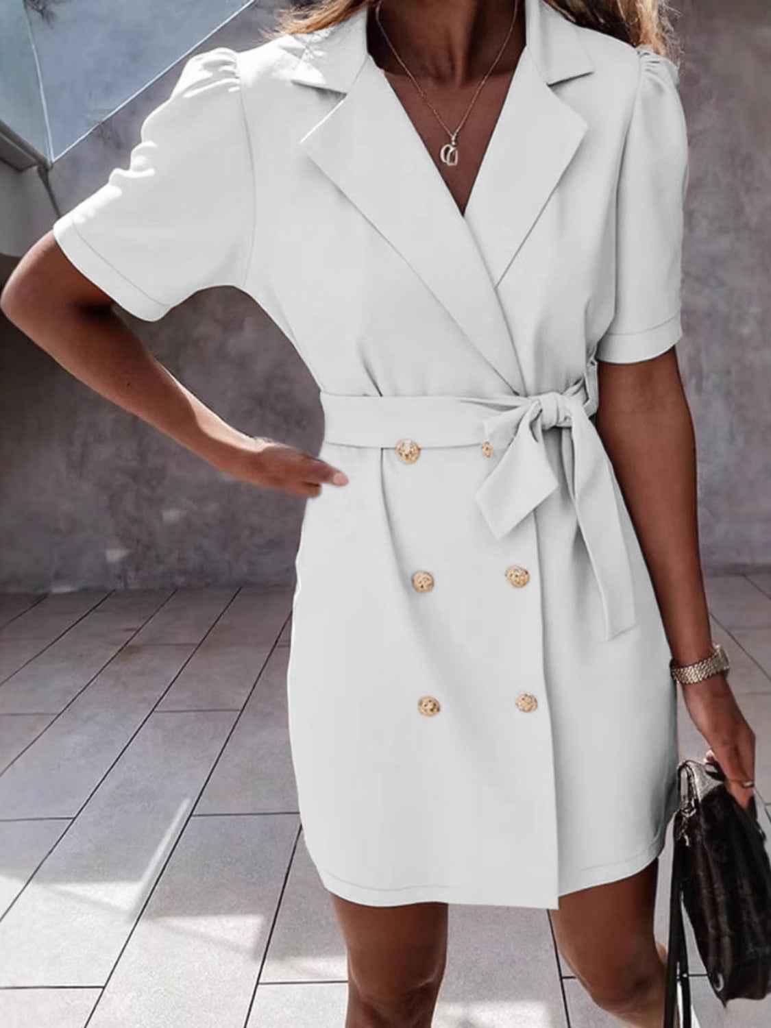 Lapel Collar Short Sleeve Tie Waist Mini Dress