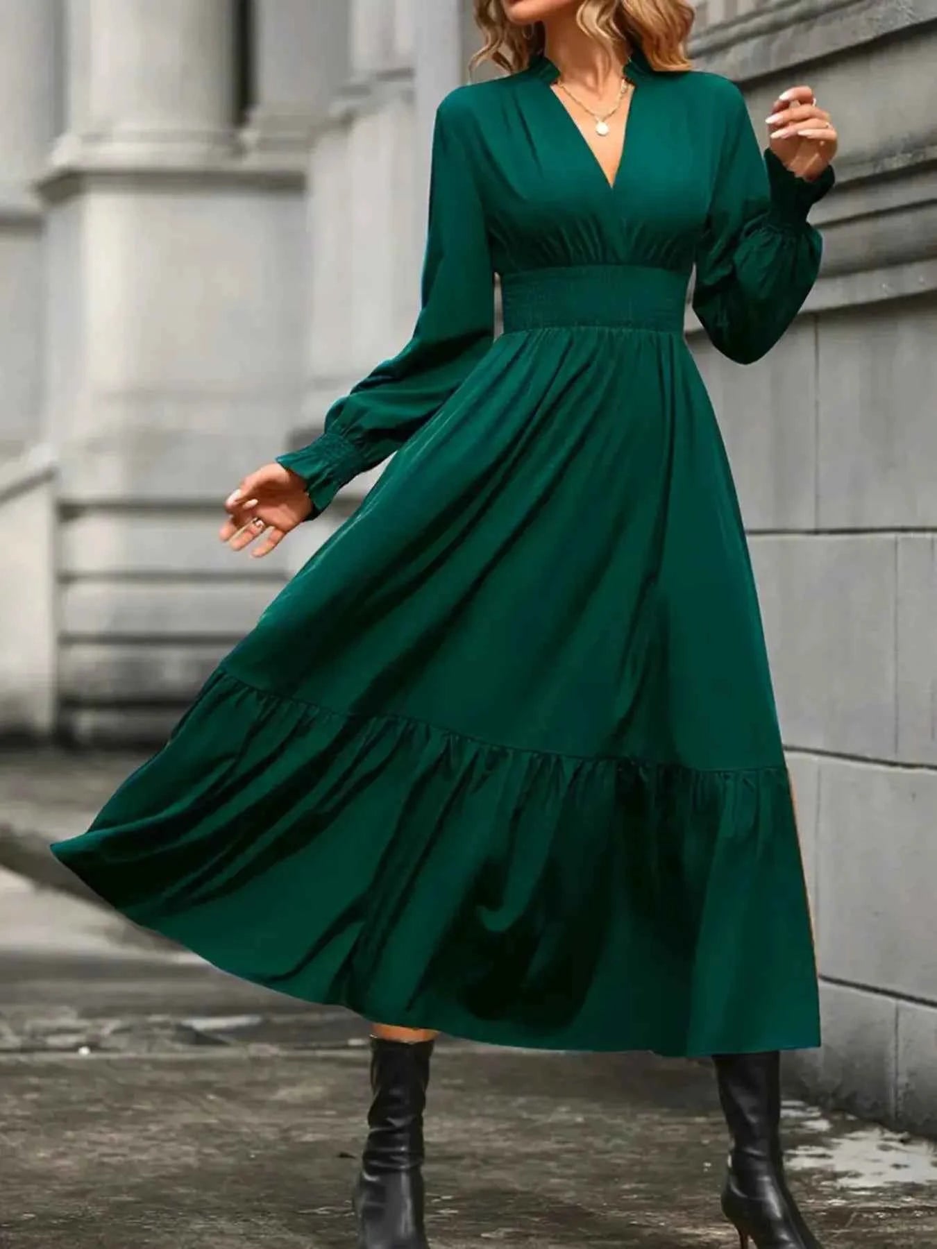 Notched Long Sleeve Tiered Dress