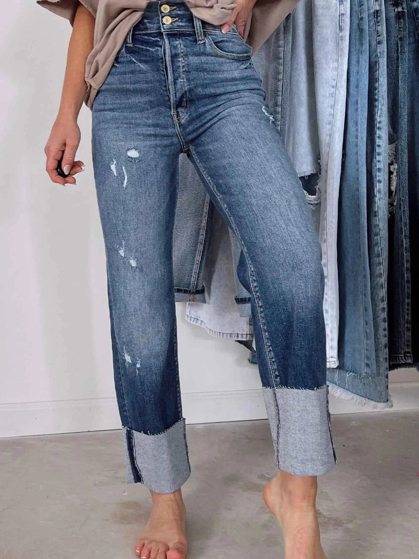 High Waist Distressed Straight Leg Jeans