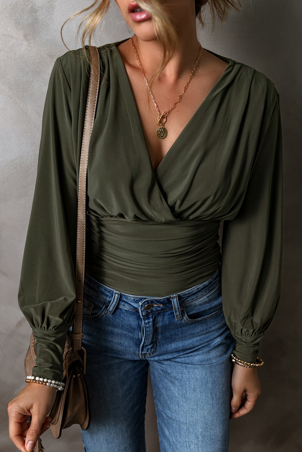 Green Ruched Bodysuit Women's Blouse