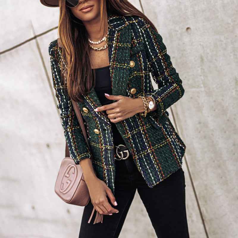 Women's Elegant Checkered Long Sleeve Blazer - Double-Breasted Printed Trench Coat For Fall&Winter, Office & Casual Jacket