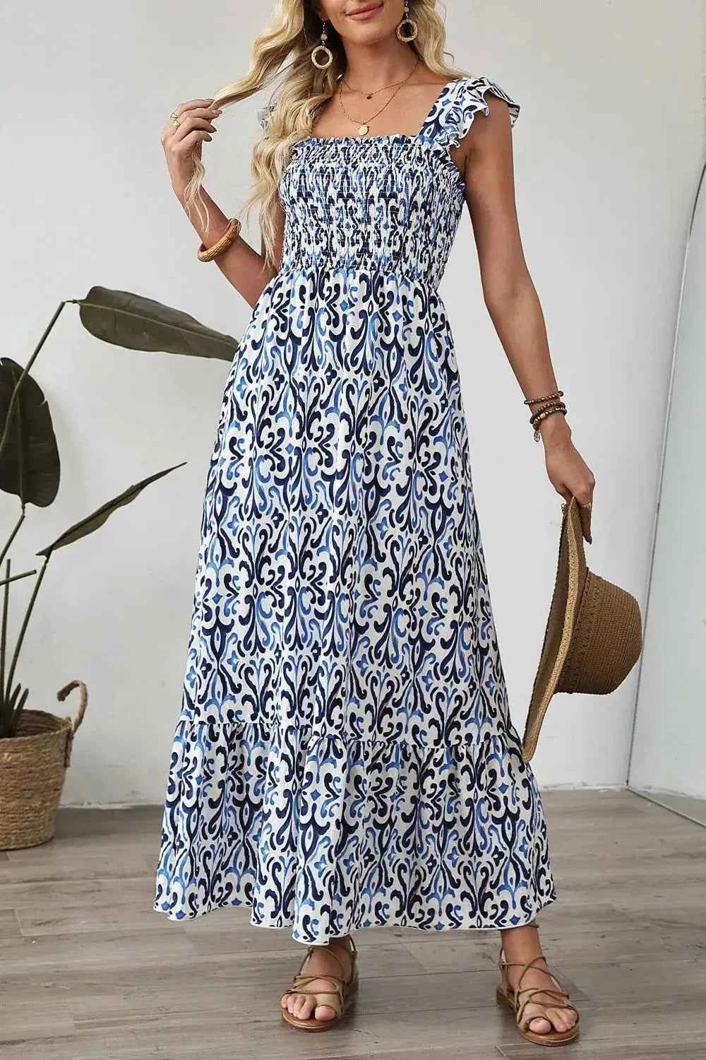 Smocked Printed Square Neck Boho Tiered Midi Dress