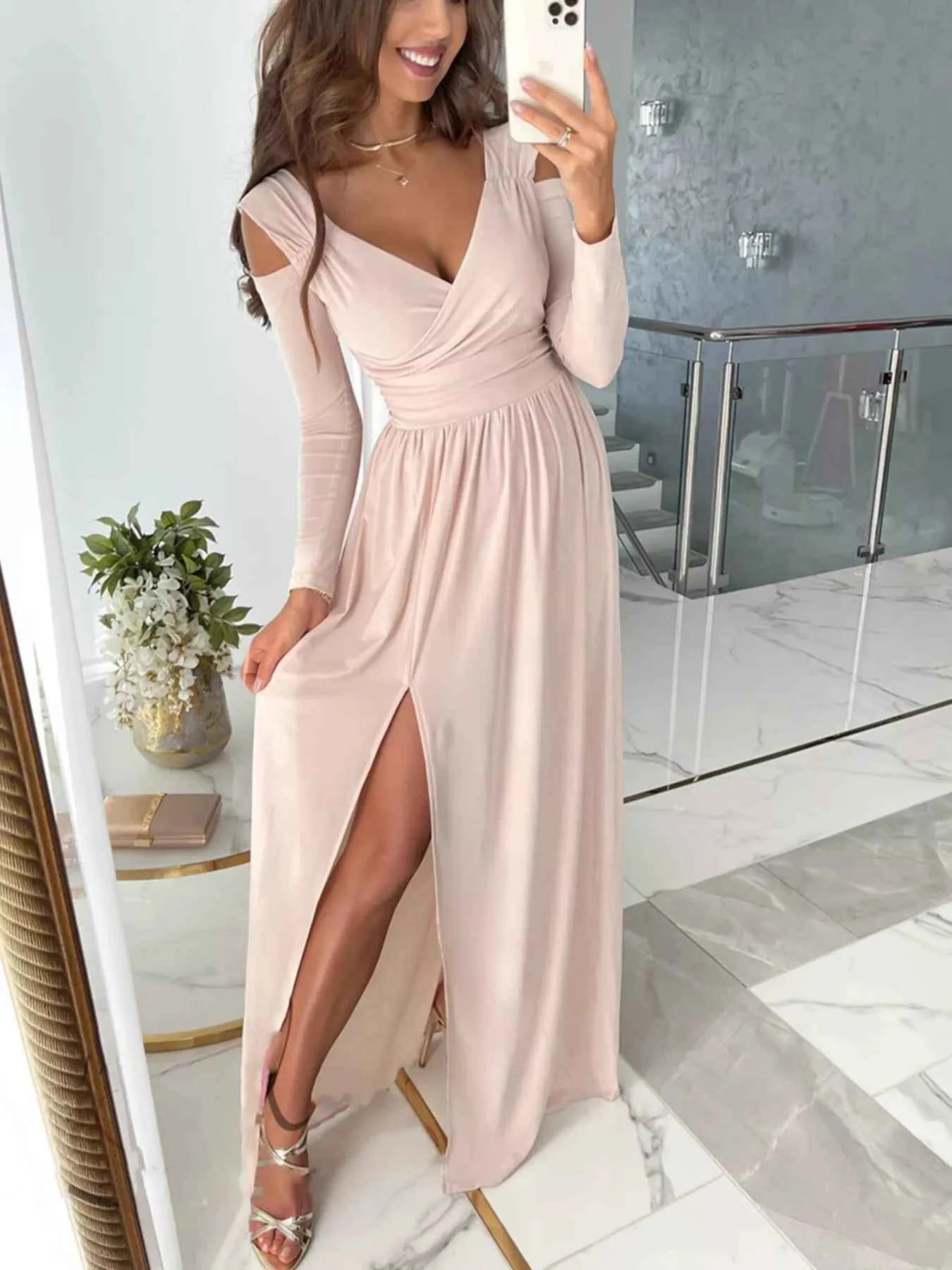 Slit Surplice Cold Shoulder Maxi Dress