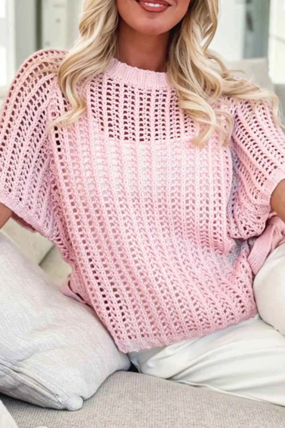 Hollow-out Crochet Side Tied Short Sleeve Knit Cover Up