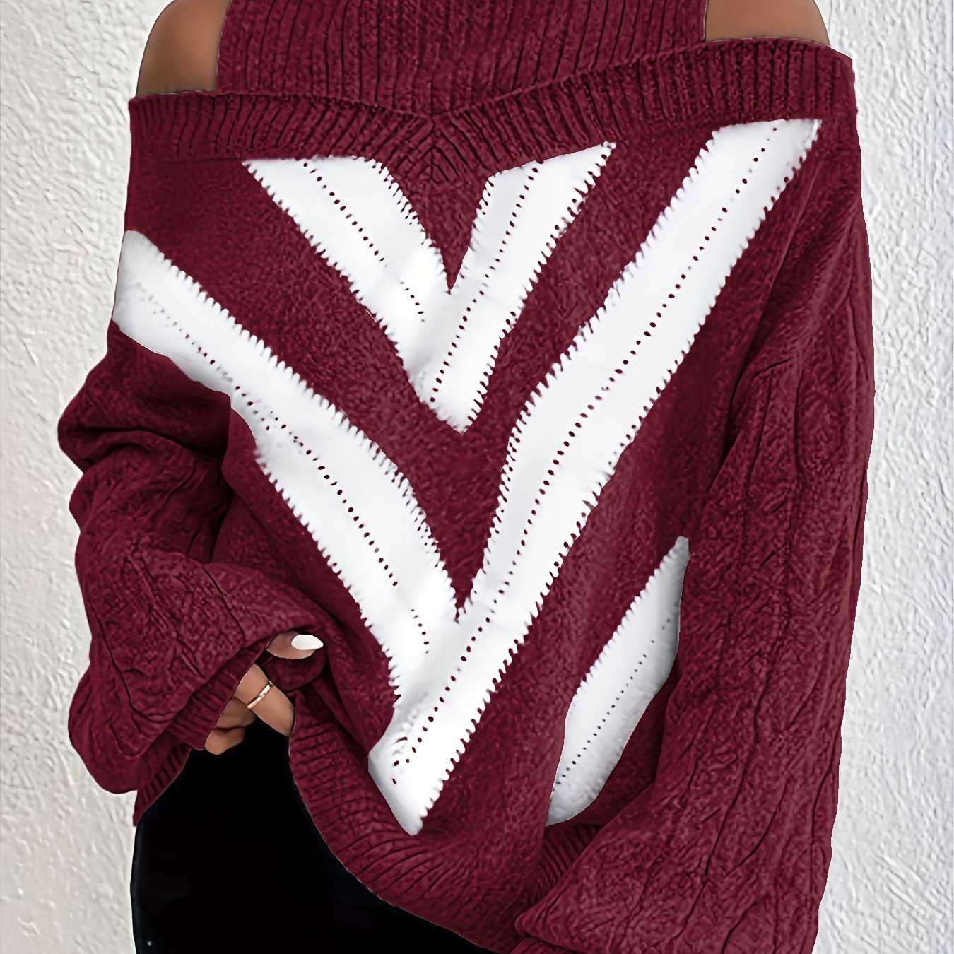 Elegant Plus Size Off Shoulder Striped Cable Knit