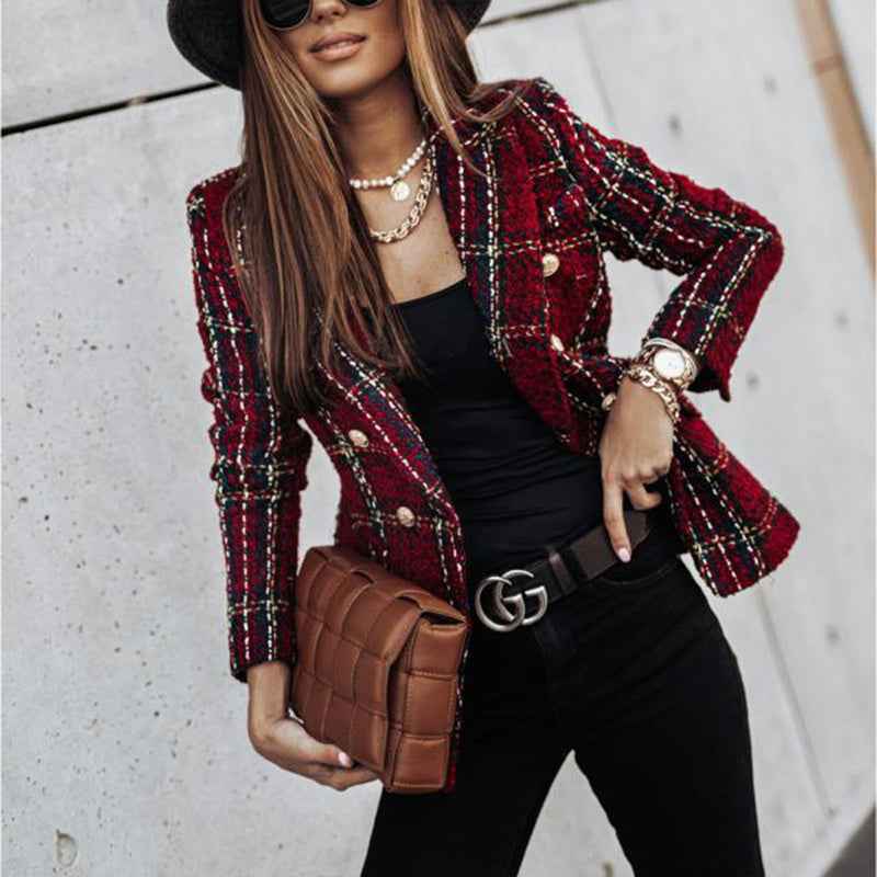 Women's Elegant Checkered Long Sleeve Blazer - Double-Breasted Printed Trench Coat For Fall&Winter, Office & Casual Jacket