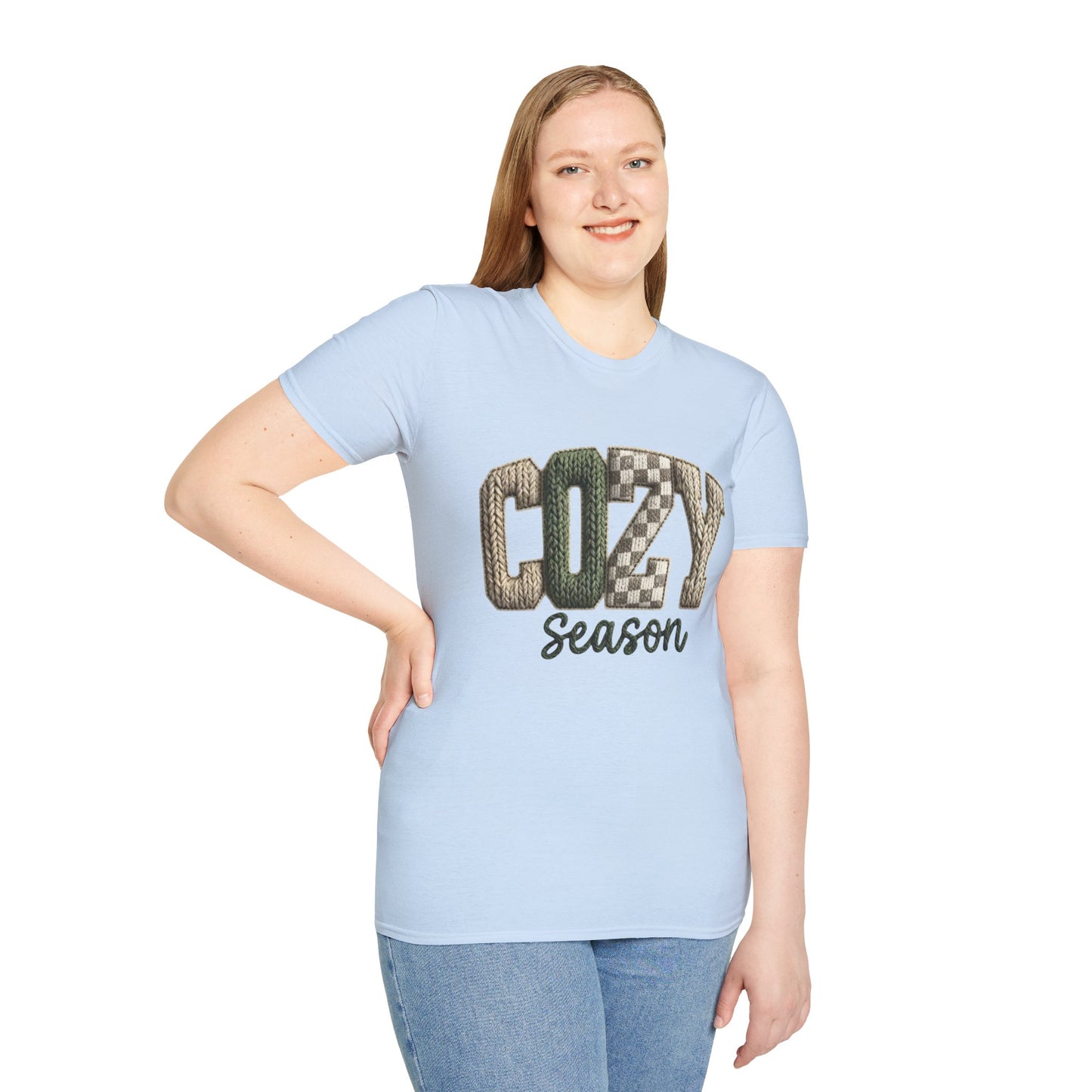 Cozy Season Women's T-Shirt — Plaid Knit Lettering Fall Graphic Tee