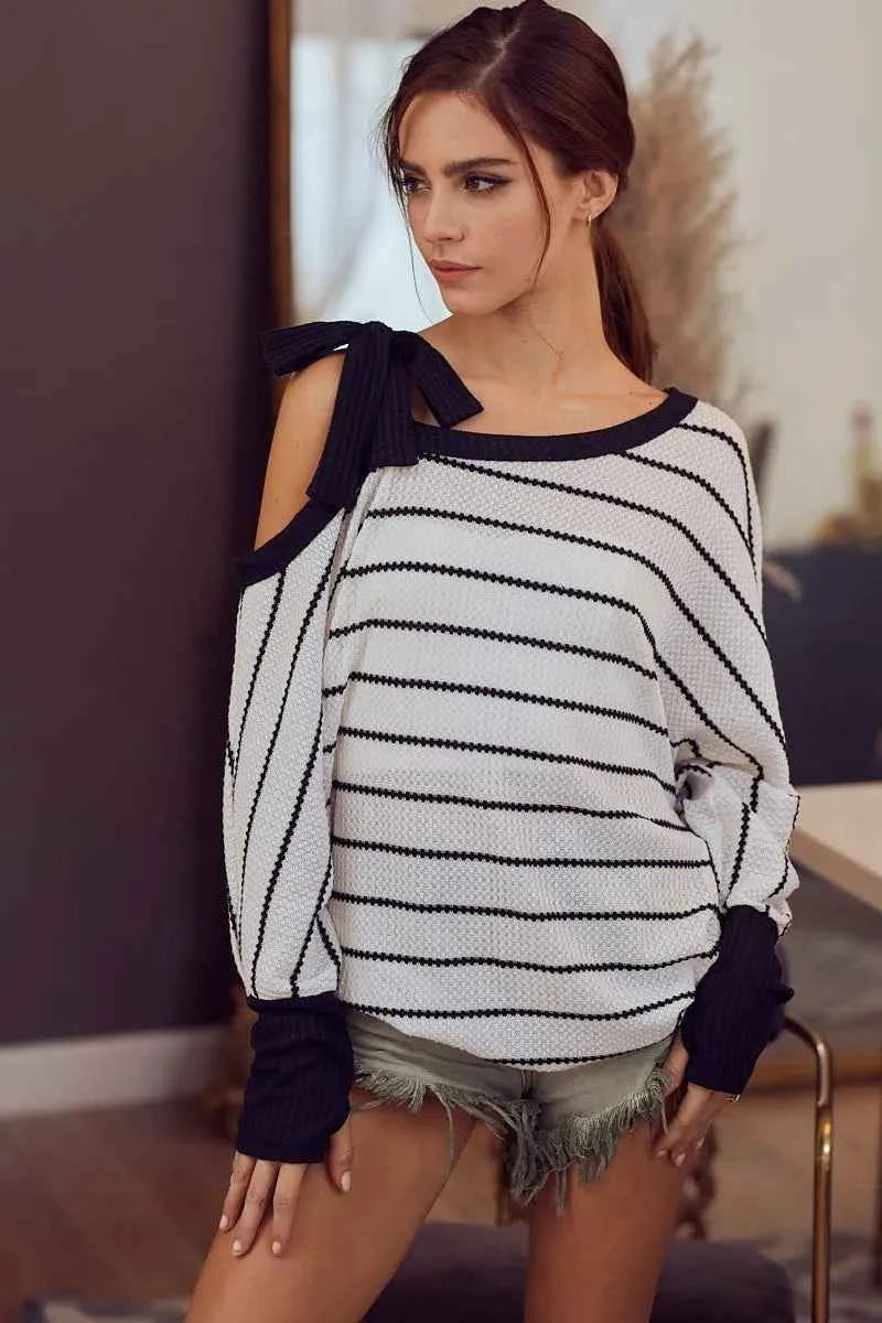 BiBi Stripe Yarn Dye Waffle One Shoulder Ribbon Detail Top
