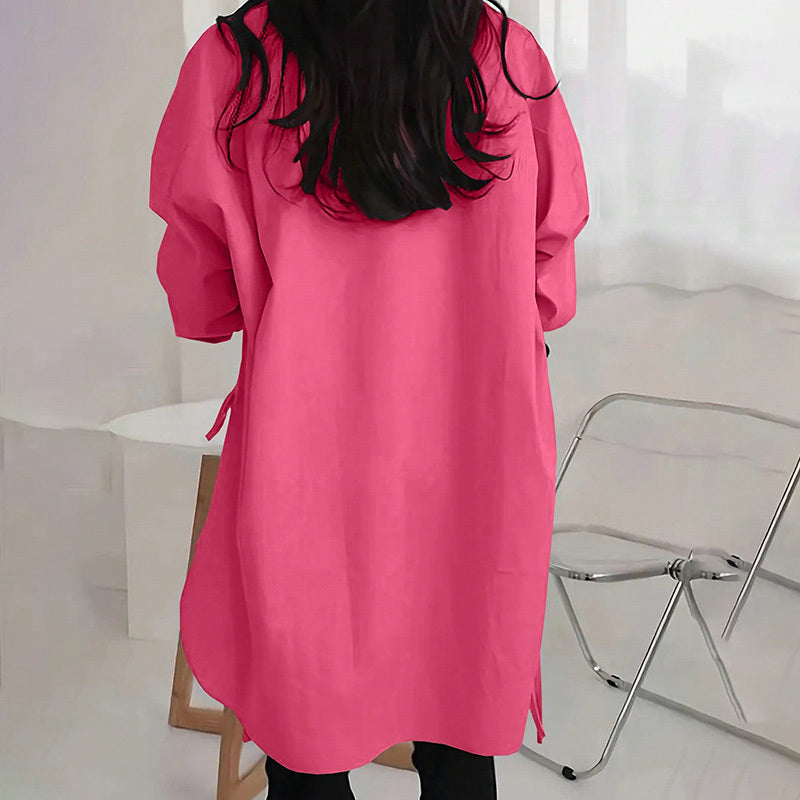 Women's Casual Loose-Fit Long Sleeve Shirt - Side Slit Tie Detail Button-Down Blouse, Solid Color Top - The Eggy's store