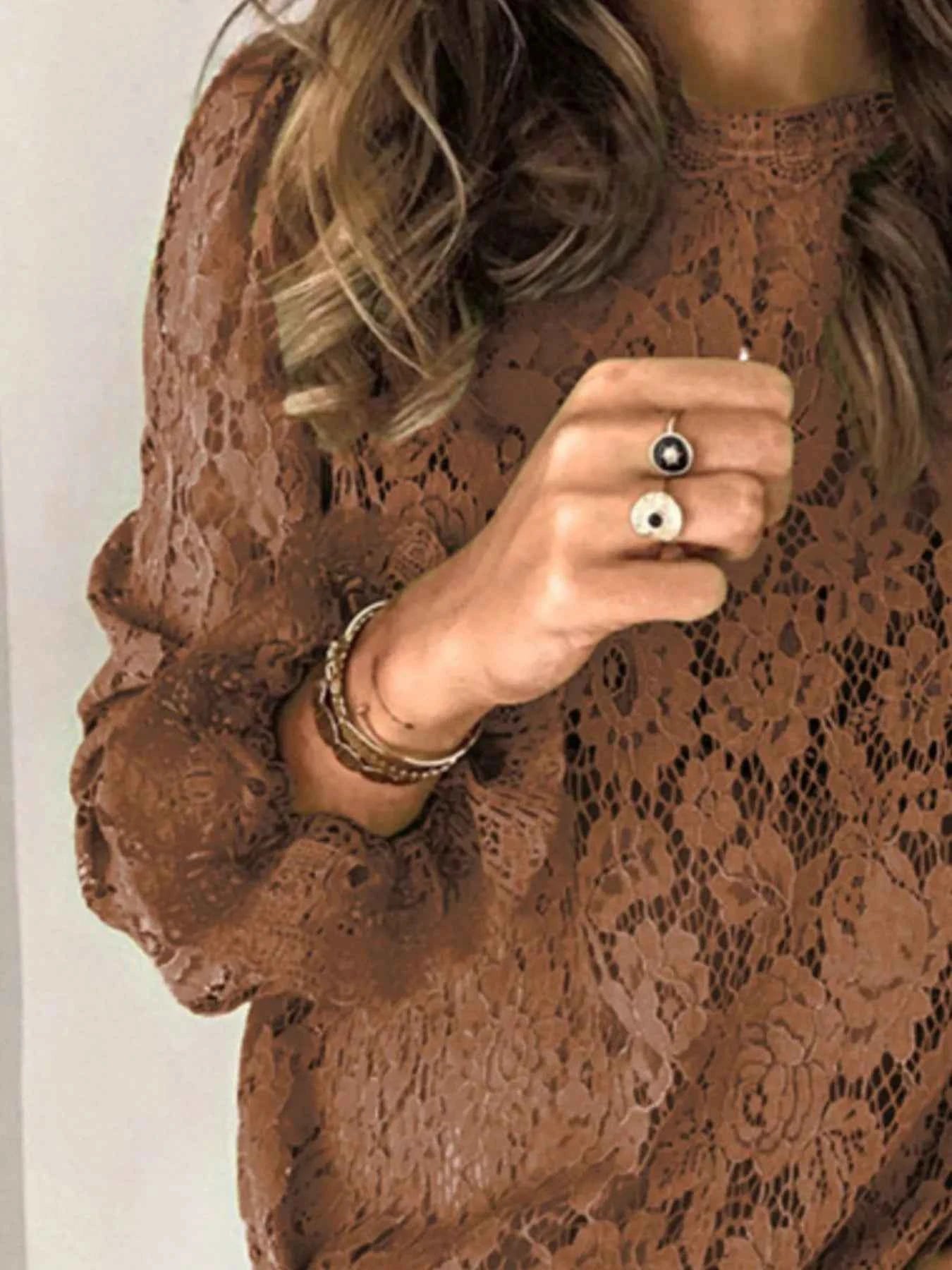 Plus Size Floral Lace Flounce Sleeve Blouse