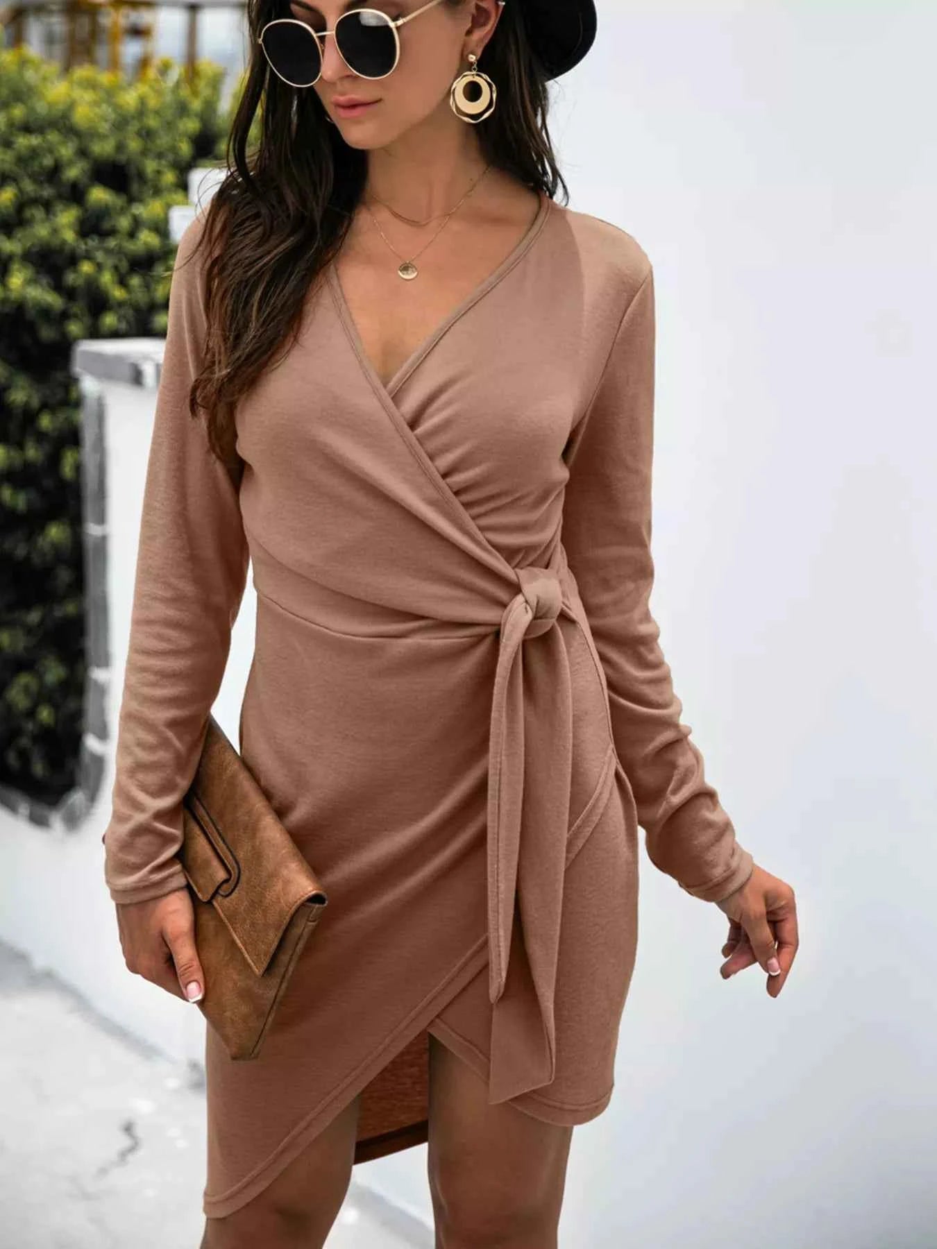 Surplice Long Sleeve Side Tie Dress