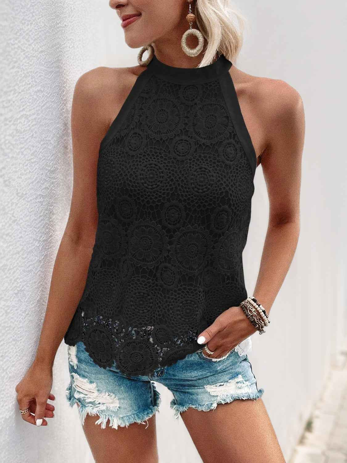 Lace Grecian Neck Tie Back Top