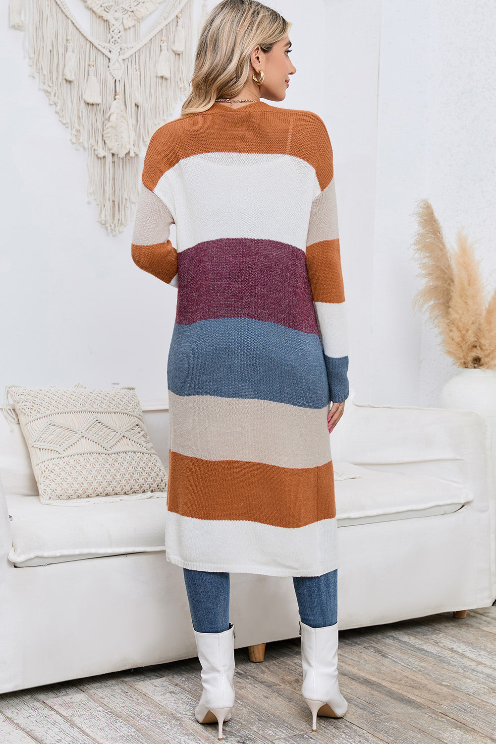 Multicolor Knitted Color Block Open Front Long Cardigan - The Eggy's store
