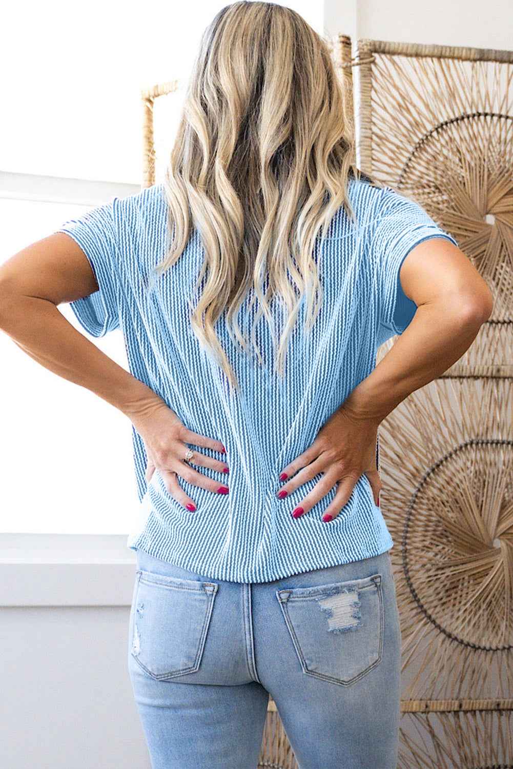 Light Blue Corded Colorblock Pocket Crew Neck T Shirt