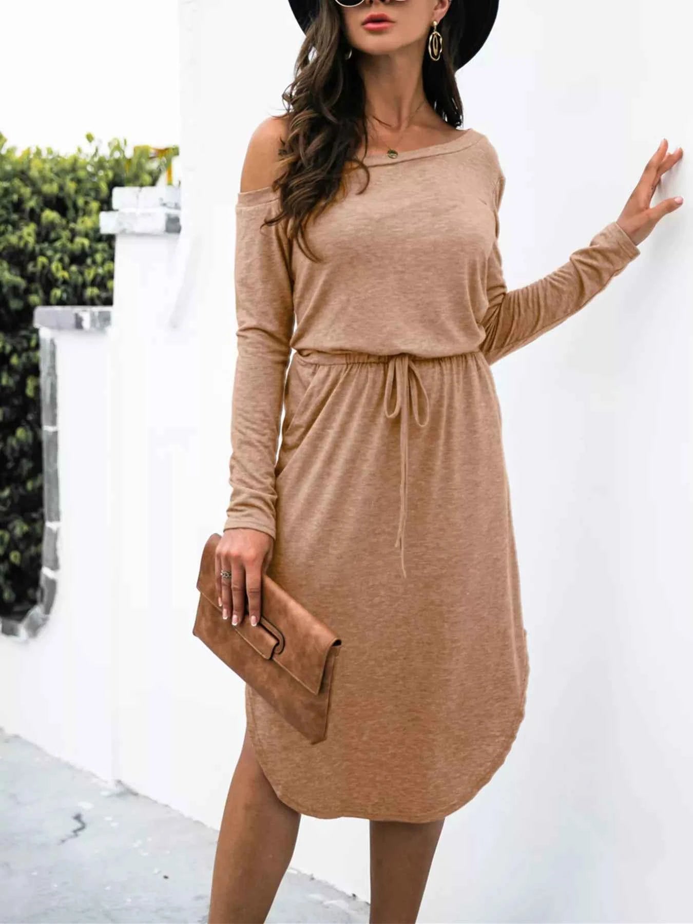One-Shoulder Long Sleeve Midi Dress with Drawstring Waist