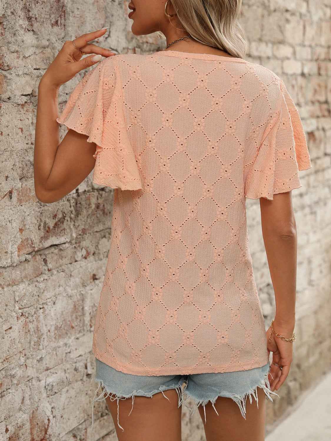 Eyelet Round Neck Flutter Sleeve Top
