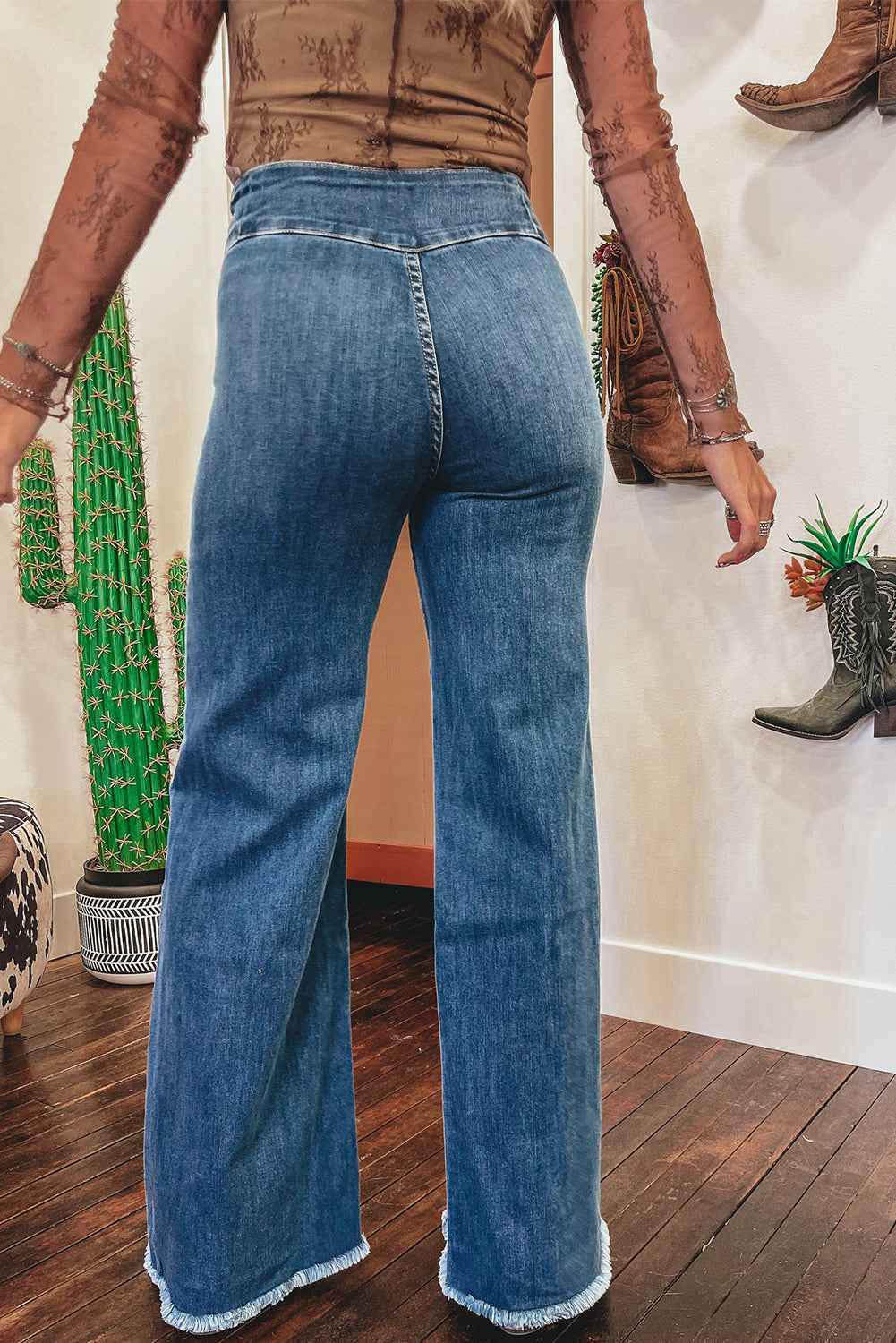 Sail Blue High Waist Jeans With Button Fly And Raw Hem